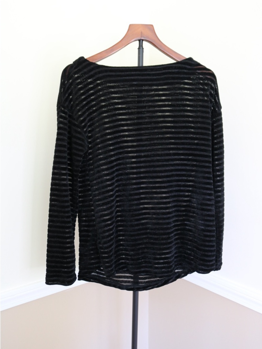 Jones New York Black Sheer-Striped Long Sleeve Top